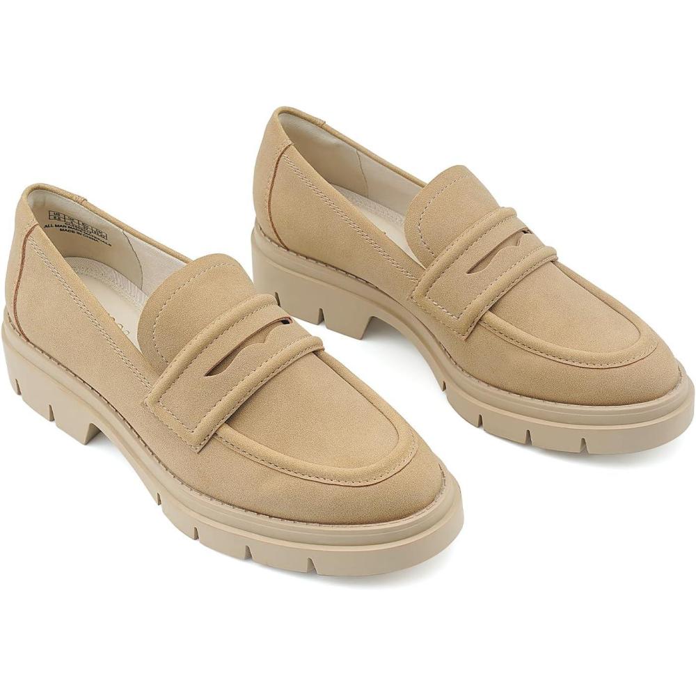imageJENN ARDOR Womens Chunky Loafers Slip On Lug Sole Penny Loafer Comfort Casual Round Toe Mid Heels Platform Work ShoesSuedecamel Tan