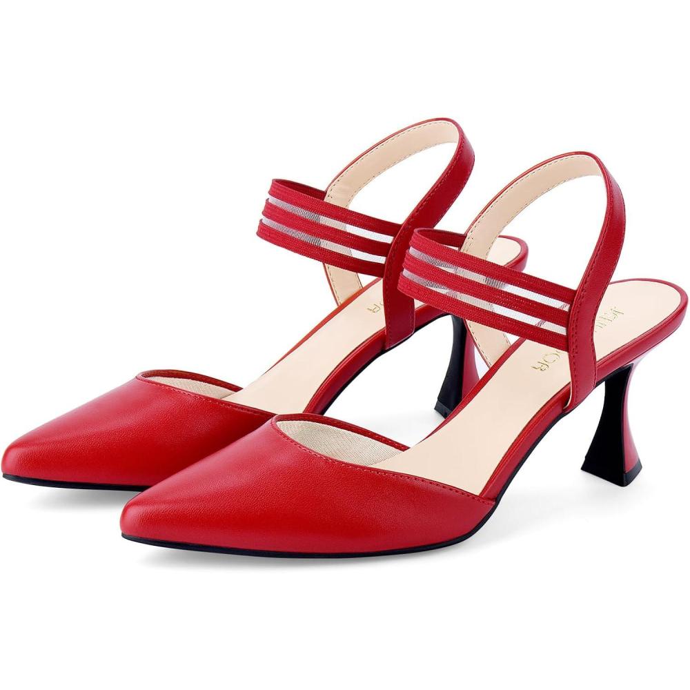 imageJENN ARDOR Womens Closed Toe Kitten Heels Slingback Pumps Elastic Ankle Strap Sandals Pointed Toe Wedding Prom Dress ShoesRedfaux Leather