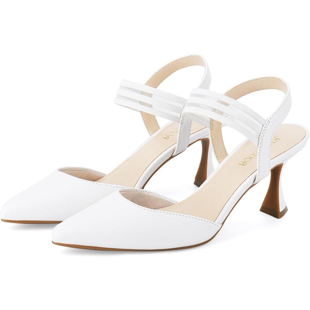 imageJENN ARDOR Womens Closed Toe Kitten Heels Slingback Pumps Elastic Ankle Strap Sandals Pointed Toe Wedding Prom Dress ShoesWhitefaux Leather