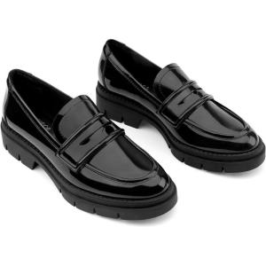 JENN ARDOR Women’s Chunky Loafers Slip On Lug Sole Penny Loafer Comfort Casual Round Toe Mid Heels Platform Work Shoes(Shiny Patent Leather-black)