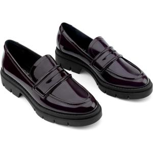 JENN ARDOR Women’s Chunky Loafers Slip On Lug Sole Penny Loafer Comfort Casual Round Toe Mid Heels Platform Work Shoes(Shiny Patent Leather-maroon)