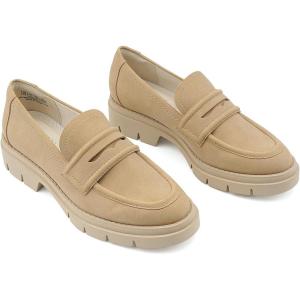 JENN ARDOR Women’s Chunky Loafers Slip On Lug Sole Penny Loafer Comfort Casual Round Toe Mid Heels Platform Work Shoes(Suede-camel Tan)