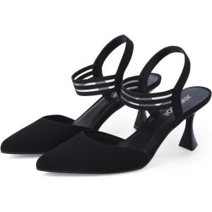 JENN ARDOR Women’s Closed Toe Kitten Heels Slingback Pumps Elastic Ankle Strap Sandals Pointed Toe Wedding Prom Dress Shoes(Black-cotton Linen)
