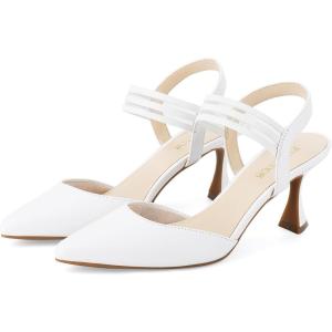 JENN ARDOR Women’s Closed Toe Kitten Heels Slingback Pumps Elastic Ankle Strap Sandals Pointed Toe Wedding Prom Dress Shoes(White-faux Leather)