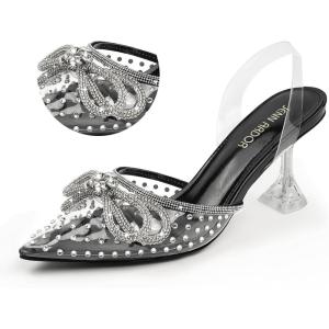 JENN ARDOR Women’s Heels for Bride Sparkly Low Heels Slingback Pumps 3.4 inch Clear Kitten Heels Wedding with Rhinestones Bow Pumps Pointed Toe Sandals Dress Shoes for Prom Party Dating(Black-rhinestone)