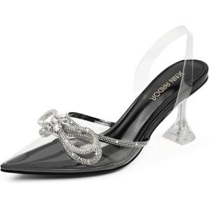 JENN ARDOR Women’s Heels for Bride Sparkly Low Heels Slingback Pumps 3.4 inch Clear Kitten Heels Wedding with Rhinestones Bow Pumps Pointed Toe Sandals Dress Shoes for Prom Party Dating(Black)