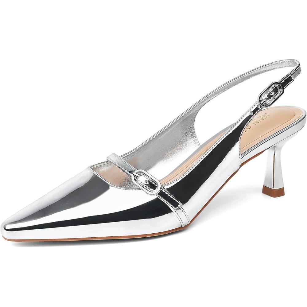 imageJENN ARDOR Slingback Low Kitten Heels for Women Dress Shoes Pointed Closed Toe Stiletto Sandals Bridal Wedding Party Office Work PumpsSilver