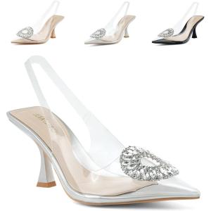 JENN ARDOR Clear Kitten Heels Sandals Slingback Closed Pointed Toe Crystal Rhinestones Wedding Bride Guest Dress High Sexy Party Pumps Comfortable Shoes For Women(Sliver/Clear)