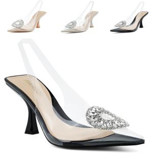 JENN ARDOR Clear Kitten Heels Sandals Slingback Closed Pointed Toe Crystal Rhinestones Wedding Bride Guest Dress High Sexy Party Pumps Comfortable Shoes For Women(Black/Clear)