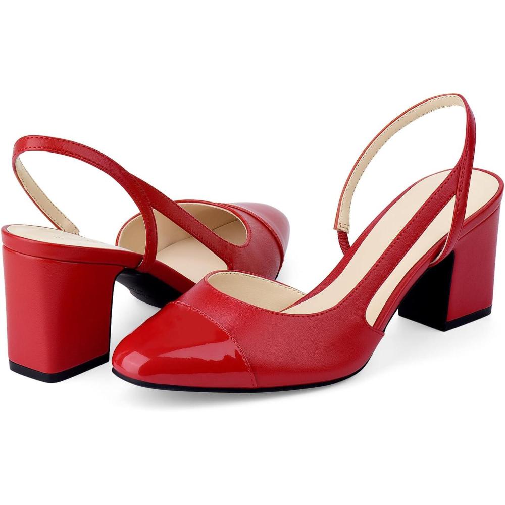 imageJENN ARDOR Slingback Heels for Women Classic Low Block Heel Pumps Square Closed Toe Dress Pumps Ankle Strap Splicing Color Chunky Heels Comfort Wedding Shoes 25 inchRed