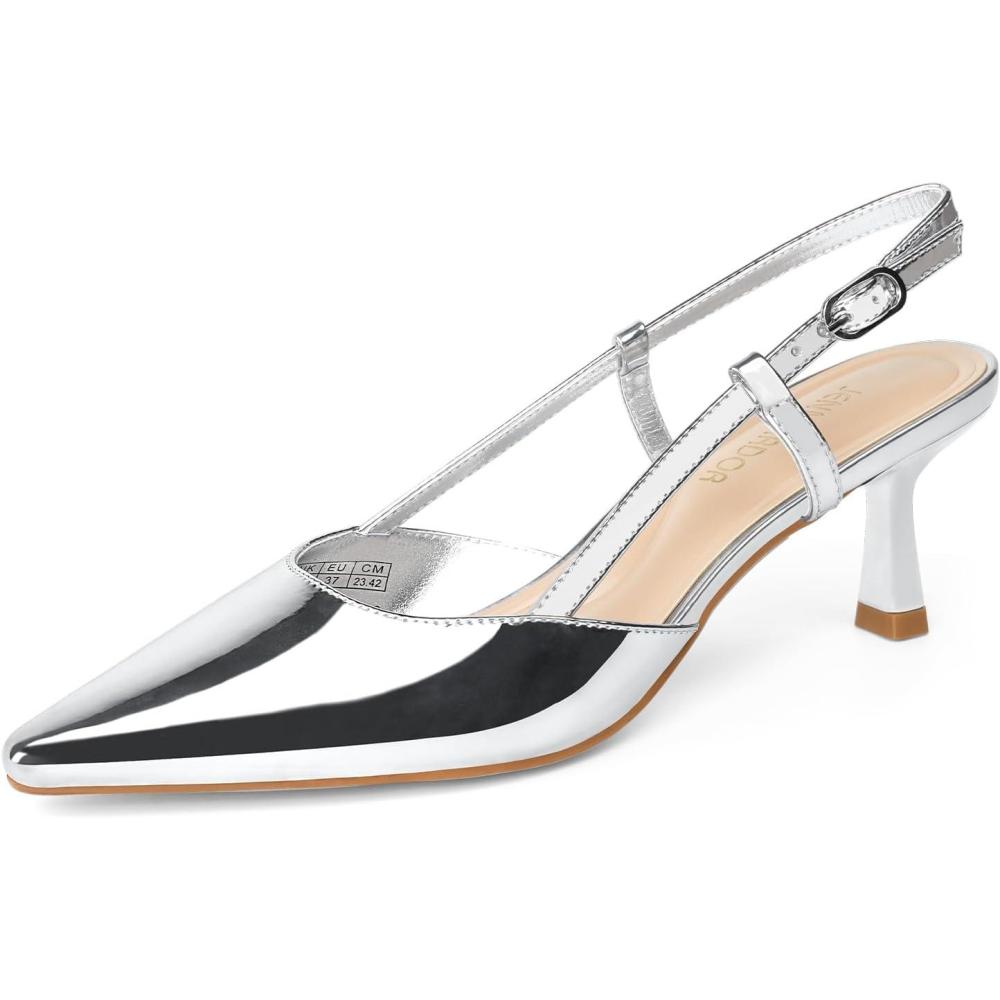 imageJENN ARDOR Slingback Kitten Heel for Women Closed Toe Dressy Pumps Comfortable Low Heeled Sandals Wedding Party Work Formal Pointy Stiletto ShoesSilver