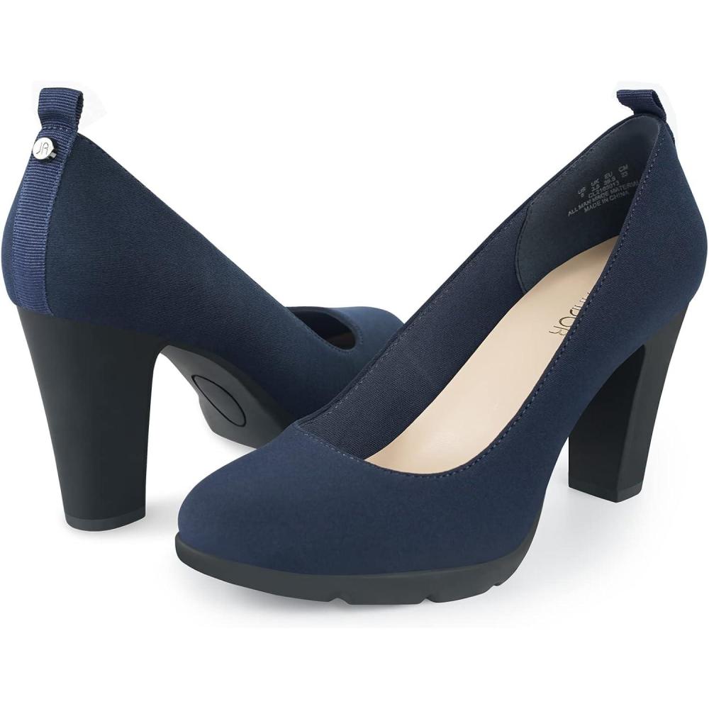 imageJENN ARDOR Womens Pumps Chunky Heels Platform Shoes Comfort Round Closed Toe Block Heel Pumps Dress High Heeled Office Shoes for Ladies More Than 3 inch HeelNavy