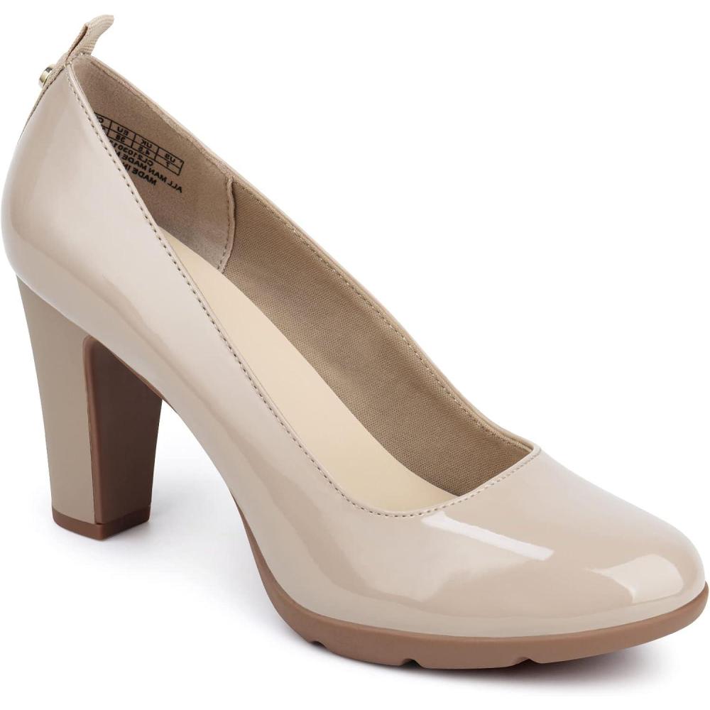 imageJENN ARDOR Womens Pumps Closed Round Toe Block High Heels 3 inch Leather Pump ShoesNude