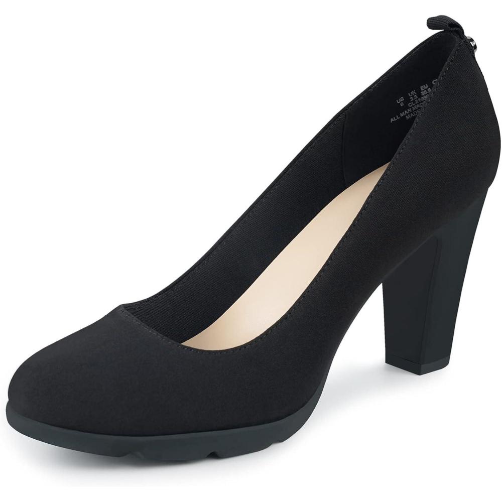 imageJENN ARDOR Womens Pumps Closed Round Toe Block High Heels 3 inch Leather Pump ShoesStretch Black