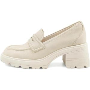 JENN ARDOR Chunky Block Heel Loafers for Women Closed Round Toe Platform Pumps Slip On Dress Shoes Wedding Party Office Lady Shoes(Beige-suede)