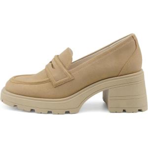 JENN ARDOR Chunky Block Heel Loafers for Women Closed Round Toe Platform Pumps Slip On Dress Shoes Wedding Party Office Lady Shoes(Camel-suede)