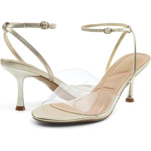 JENN ARDOR Clear Heels for Women Kitten Strappy Sandals Comfort Round Open Toe Ankle Strap Stilettos Wedding Party Low Heeled Dress Shoes(Gold)
