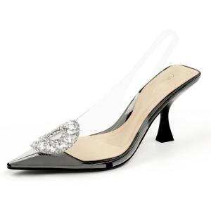 JENN ARDOR Clear Heels for Women Slingback Pointed Closed Toe Heels with Rhinestones 3 inch Comfortable Stiletto Sandals Pumps Wedding Party Dress Shoes(Black)