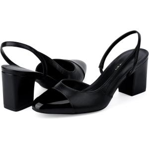 JENN ARDOR Slingback Heels for Women, Classic Low Block Heel Pumps Square Closed Toe Dress Pumps Ankle Strap Splicing Color Chunky Heels Comfort Wedding Shoes 2.5 inch(Black)