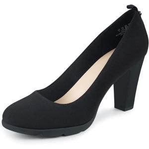 JENN ARDOR Women’s Pumps Closed Round Toe Block High Heels 3 inch Leather Pump Shoes(Stretch Black)