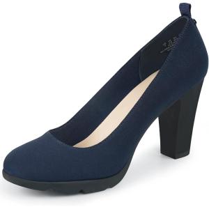 JENN ARDOR Women’s Pumps Closed Round Toe Block High Heels 3 inch Leather Pump Shoes(Stretch Navy)