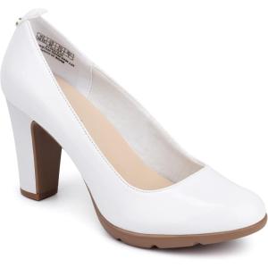 JENN ARDOR Women’s Pumps Closed Round Toe Block High Heels 3 inch Leather Pump Shoes(White)