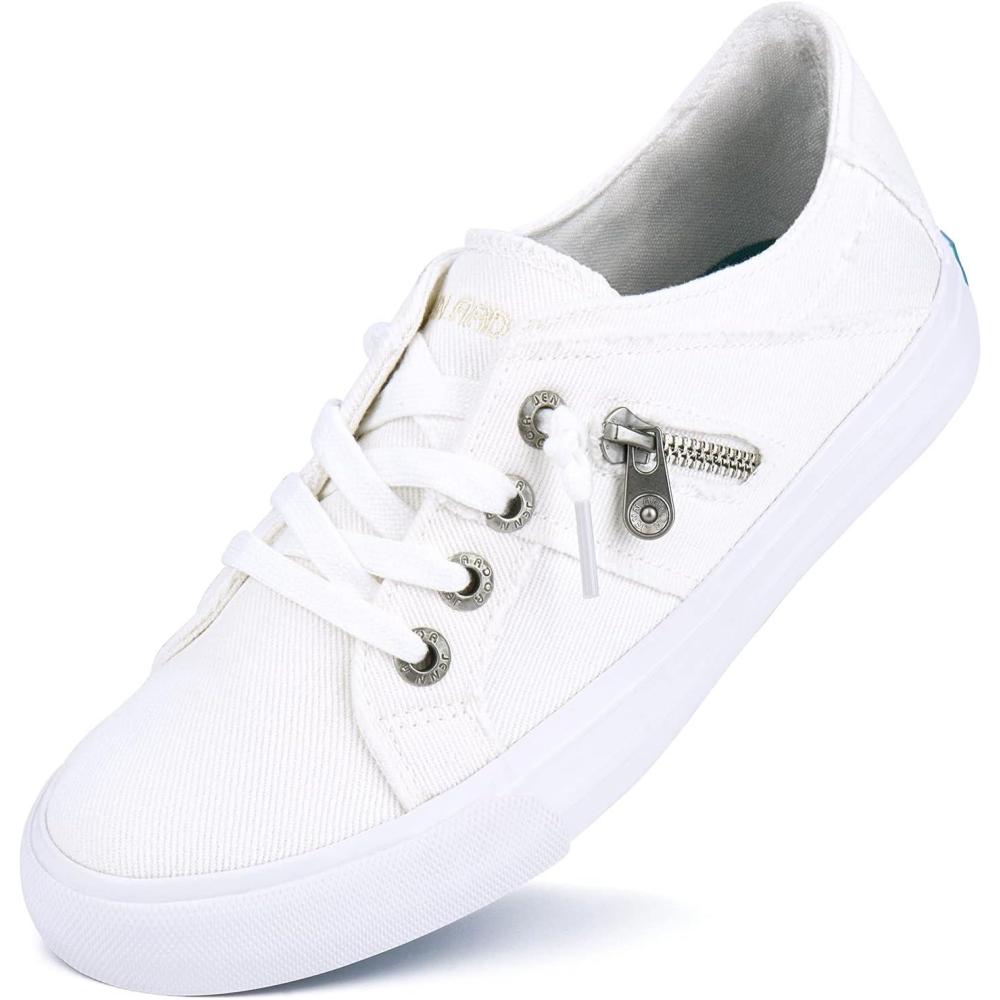 imageJENN ARDOR Women Sneakers Low Top Slip On Fashion Shoes Lace up Canvas Flats Walking Running ShoesWhite