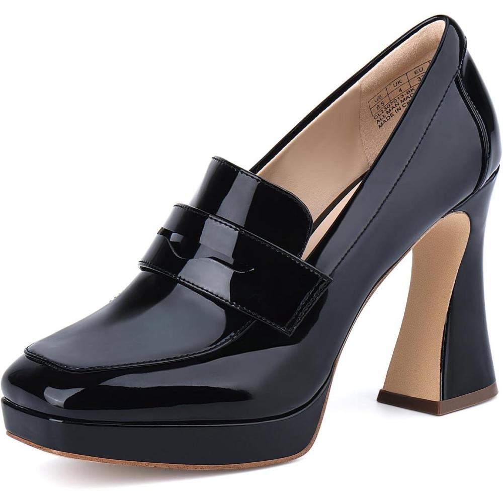imageJENN ARDOR Womens Platform Loafer Heels Square Closed Toe Chunky Block High Penny Loafers Pumps Elegant Comfort Casual Slip On Wedding Dress ShoesBlackpu