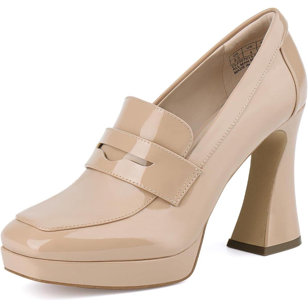 imageJENN ARDOR Womens Platform Loafer Heels Square Closed Toe Chunky Block High Penny Loafers Pumps Elegant Comfort Casual Slip On Wedding Dress ShoesNudepu