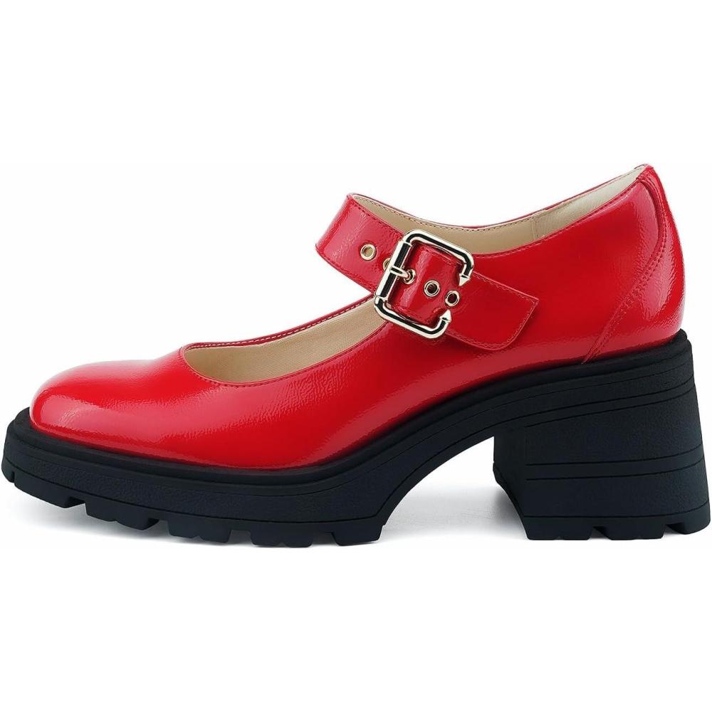 imageJENN ARDOR Womens Pumps Low Platform Heel Dress Shoes for Women Chunky Mary Jane Pumps Gothic Work Shoes OxfordsRed