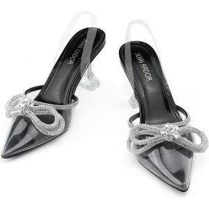 JENN ARDOR Slingback Heels for Women Low Heels Dress Shoes Bow Kitten Pumps Rhinestone Dressy Heeled Sandals(Black)