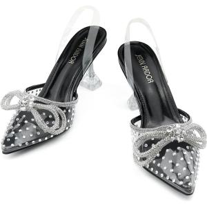 JENN ARDOR Slingback Heels for Women Low Heels Dress Shoes Bow Kitten Pumps Rhinestone Dressy Heeled Sandals(Black Rhinestone)