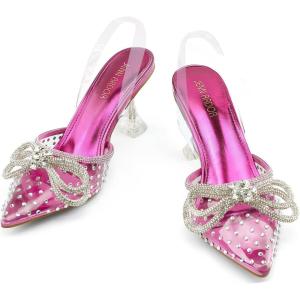 JENN ARDOR Slingback Heels for Women Low Heels Dress Shoes Bow Kitten Pumps Rhinestone Dressy Heeled Sandals(Pink Rhinestone)