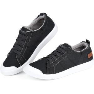 JENN ARDOR Slip-on Canvas Fashion Sneakers for Womens Comfortable Casual Walking Flats Elastic Stylish Cute Lightweight Shoes(B-gray Black)