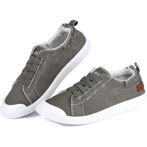 JENN ARDOR Slip-on Canvas Fashion Sneakers for Womens Comfortable Casual Walking Flats Elastic Stylish Cute Lightweight Shoes(B-gray-brown)
