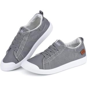 JENN ARDOR Slip-on Canvas Fashion Sneakers for Womens Comfortable Casual Walking Flats Elastic Stylish Cute Lightweight Shoes(B-light Grey)