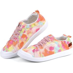 JENN ARDOR Slip-on Canvas Fashion Sneakers for Womens Comfortable Casual Walking Flats Elastic Stylish Cute Lightweight Shoes(Hot Pink Floral-b)