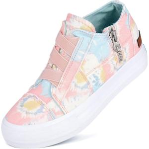 JENN ARDOR Wedge Sneakers for Women Fashion Canvas Shoes Casual Platform Hidden Heel Womens Slip On Sneaker Non Slip Side Zipper(Pink-blue)