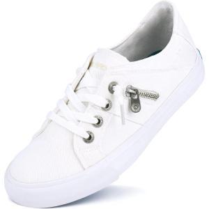 JENN ARDOR Women Sneakers Low Top Slip On Fashion Shoes Lace up Canvas Flats Walking Running Shoes(White)
