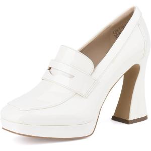 JENN ARDOR Women’s Platform Loafer Heels Square Closed Toe Chunky Block High Penny Loafers Pumps Elegant Comfort Casual Slip On Wedding Dress Shoes(Cream White-pu)