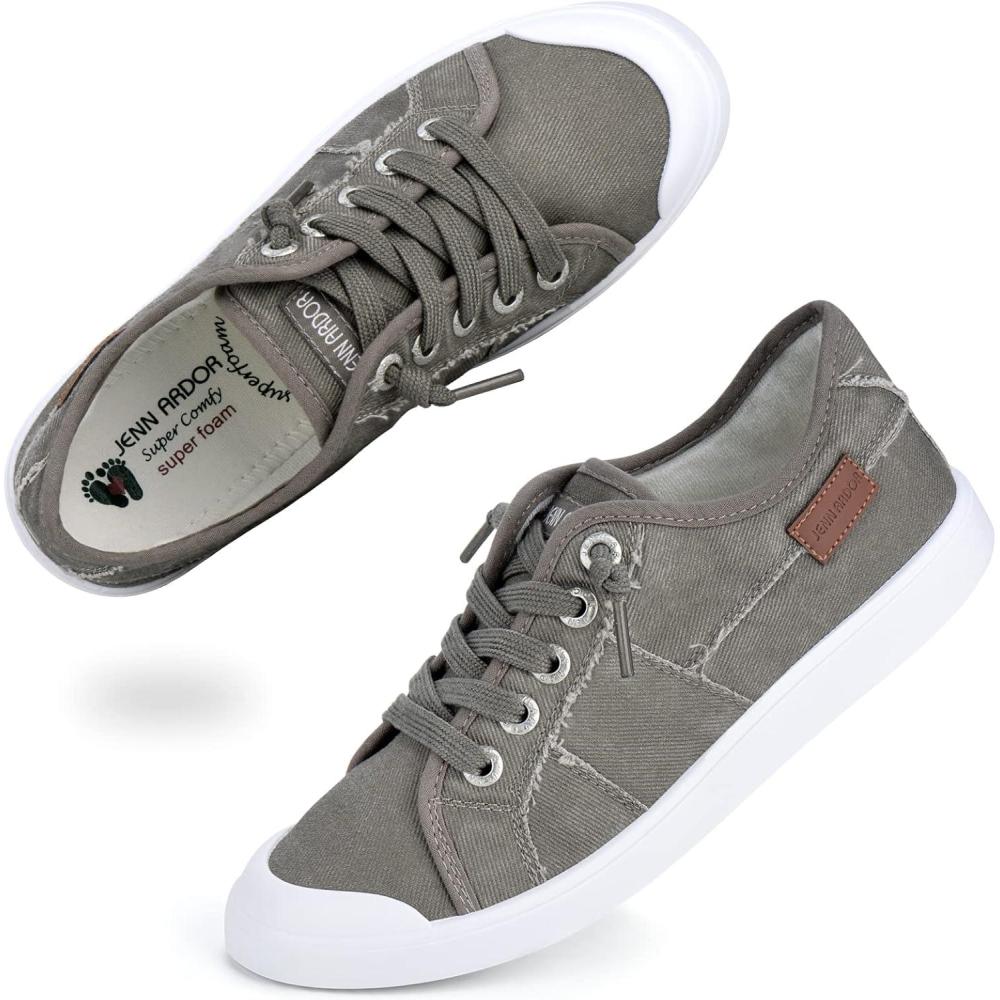 imageJENN ARDOR Womens Canvas Sneaker Slipons Loafers Shoes for Womens Fashion Casual Canvas Round Toe Soft Comfortable Walking FlatsGrey  Shoelace
