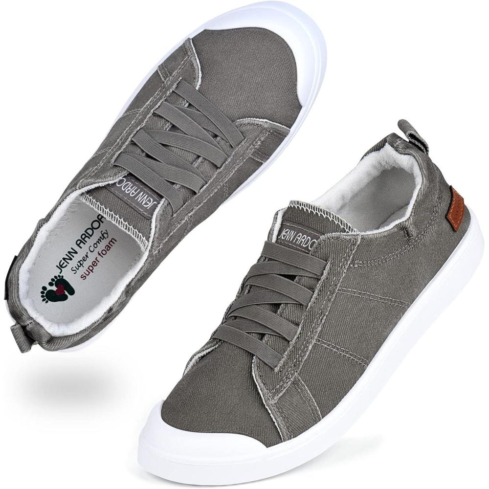 imageJENN ARDOR Womens Canvas Sneaker Slipons Loafers Shoes for Womens Fashion Casual Canvas Round Toe Soft Comfortable Walking FlatsGrey