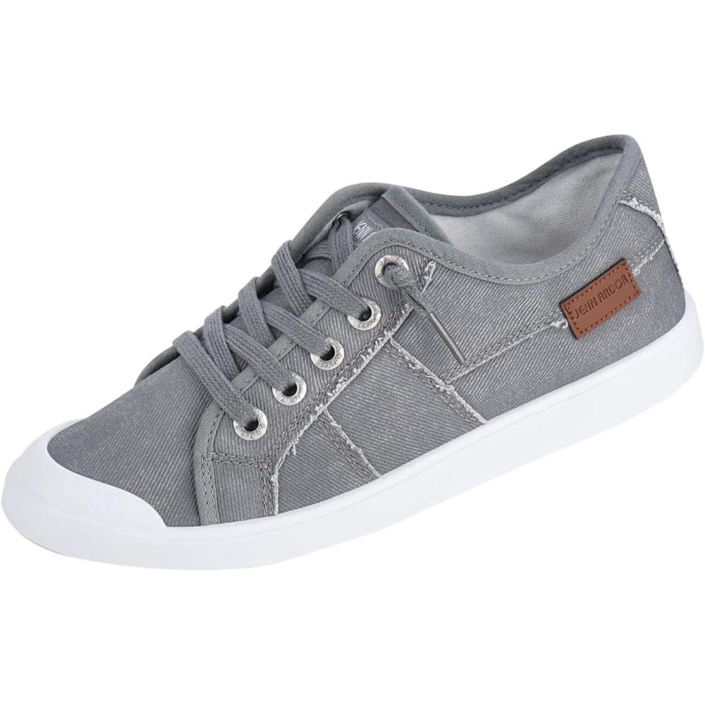 imageJENN ARDOR Womens Canvas Sneaker Slipons Loafers Shoes for Womens Fashion Casual Canvas Round Toe Soft Comfortable Walking FlatsLight Grey  Shoelace