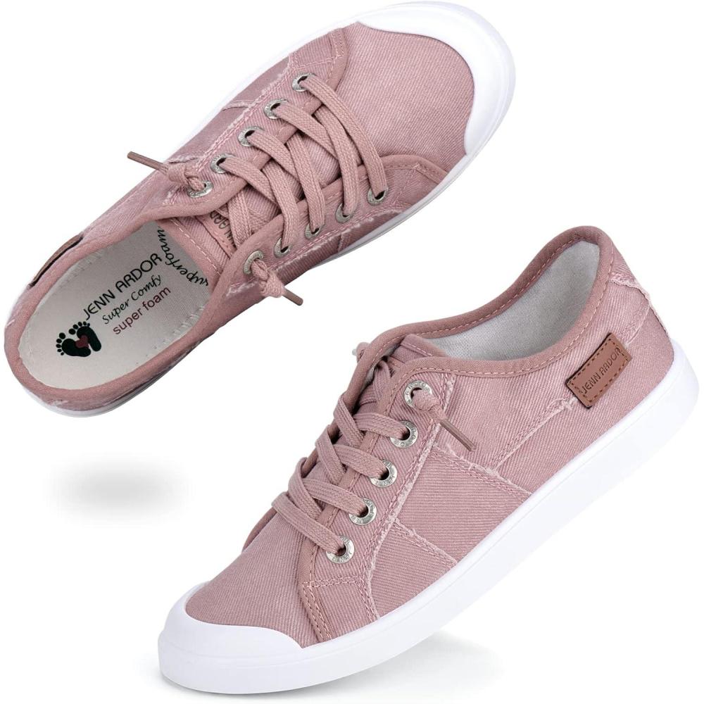 imageJENN ARDOR Womens Canvas Sneaker Slipons Loafers Shoes for Womens Fashion Casual Canvas Round Toe Soft Comfortable Walking FlatsPink  Shoelace