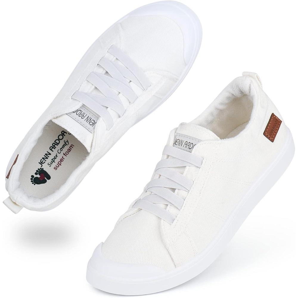 imageJENN ARDOR Womens Canvas Sneaker Slipons Loafers Shoes for Womens Fashion Casual Canvas Round Toe Soft Comfortable Walking FlatsWhite