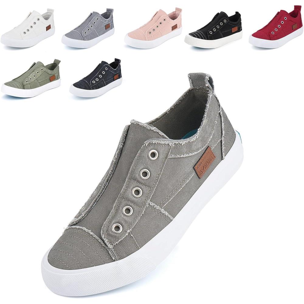 imageJENN ARDOR Womens Slip On Fashion Sneakers No Laces Comfortable Casual Low Canvas Sneakers Flats Walking ShoesGreysmoked Twill