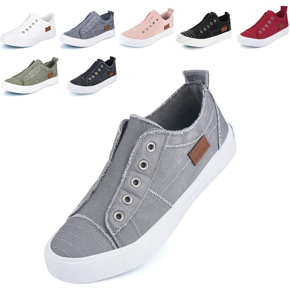imageJENN ARDOR Womens Slip On Fashion Sneakers No Laces Comfortable Casual Low Canvas Sneakers Flats Walking ShoesLight Greysmoked Twill
