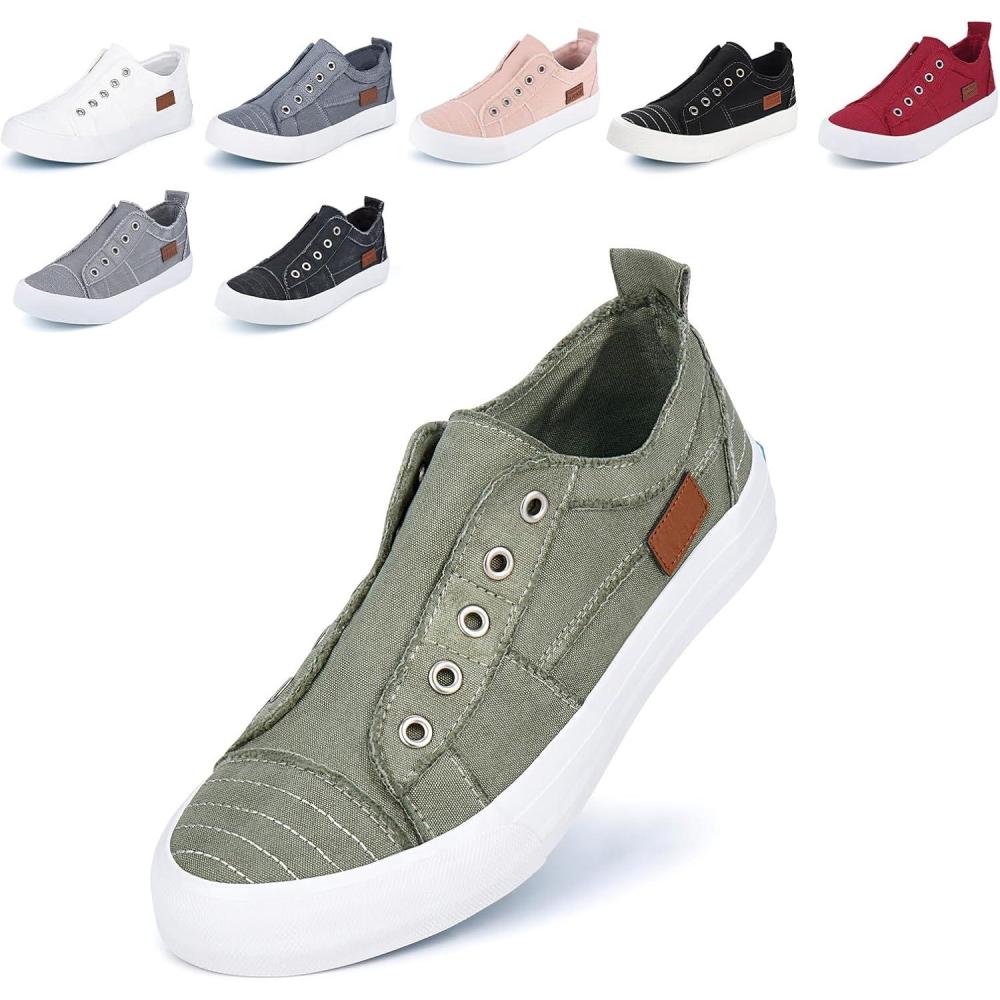 imageJENN ARDOR Womens Slip On Fashion Sneakers No Laces Comfortable Casual Low Canvas Sneakers Flats Walking ShoesOlive