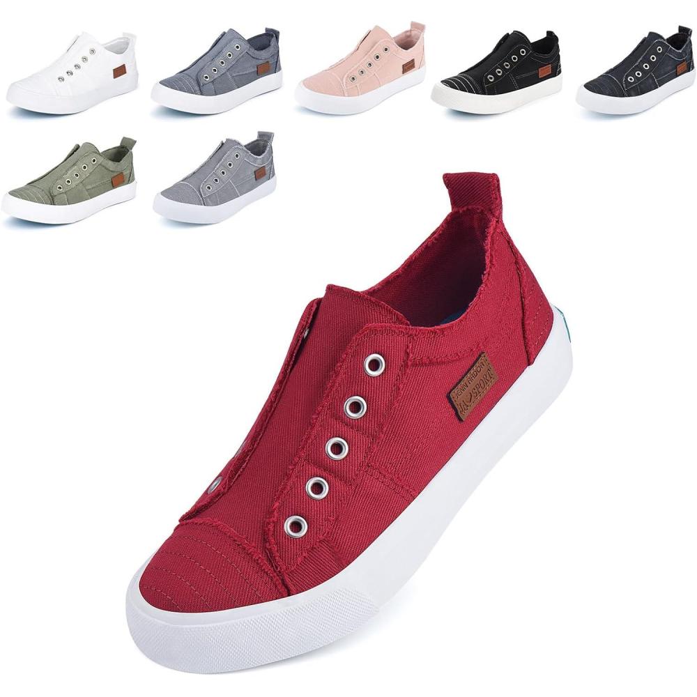 imageJENN ARDOR Womens Slip On Fashion Sneakers No Laces Comfortable Casual Low Canvas Sneakers Flats Walking ShoesRedsmoked Twill