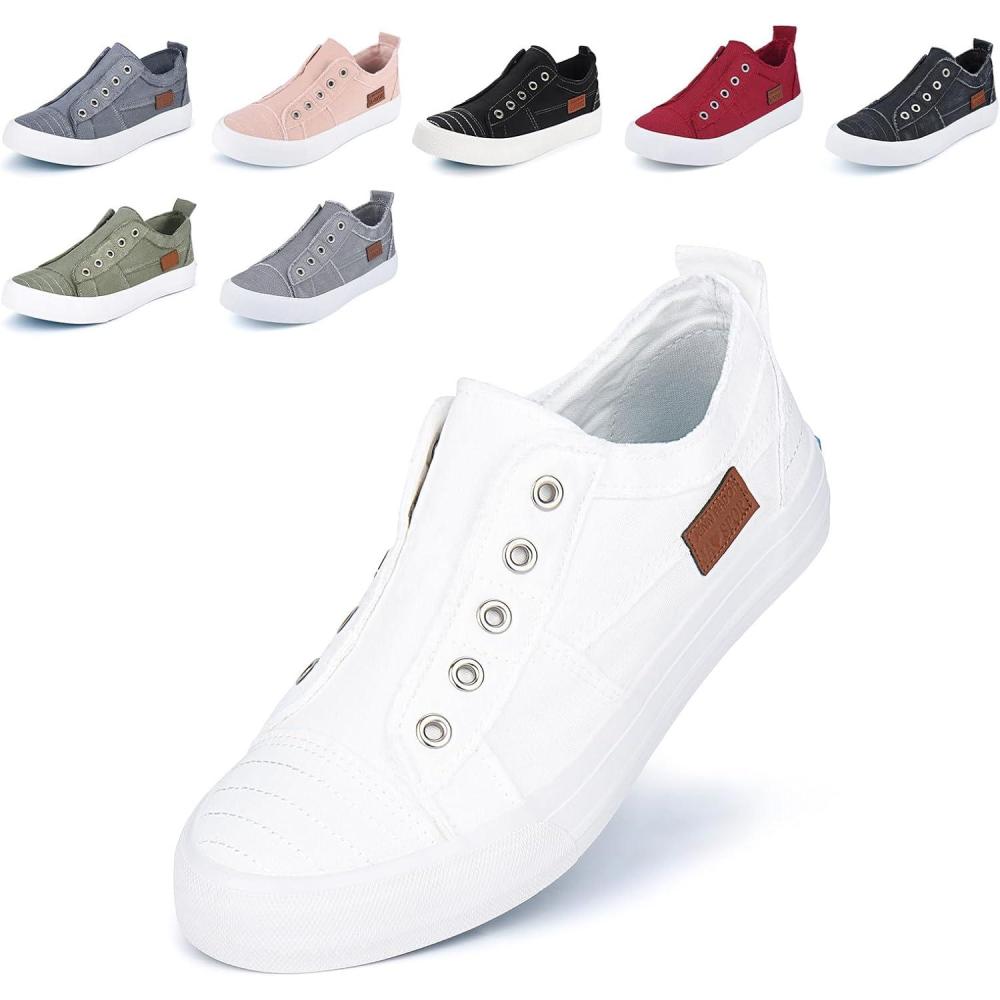 imageJENN ARDOR Womens Slip On Fashion Sneakers No Laces Comfortable Casual Low Canvas Sneakers Flats Walking ShoesWhite